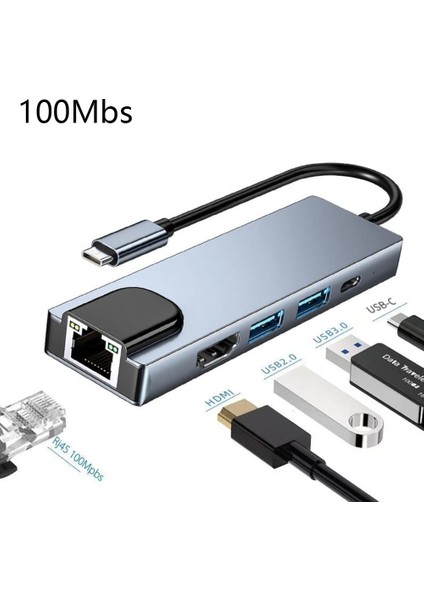 USB C Hub 5 In 1 Tip C 3.1 Ila 4K HDMI Adaptörü ile RJ45 HDMI Pd Kart Okuyucu MacBook Dizüstü Dizüstü Bilgisayar Için Hızlı Şarj (Yurt Dışından)