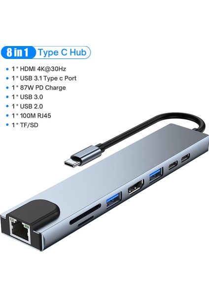 4K HDMI 100W Pd ile USB C Hub USB C Bağlantı Noktası USB 3.0 RJ45 Ethernet Sd/tf Kart Okuyucu Bağlantı Istasyonu 4/5/6/8 Bağlantı Noktaları USB C Adaptörü (Yurt Dışından)