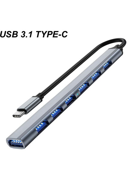 Alüminyum 7 Port USB Tip C 3.0/3.1 Hub Çoklu Splitter Adaptörü Otg USB Güç Adaptörü Pc Dizüstü Mobil Sabit Disk Kart Okuyucu (Yurt Dışından)