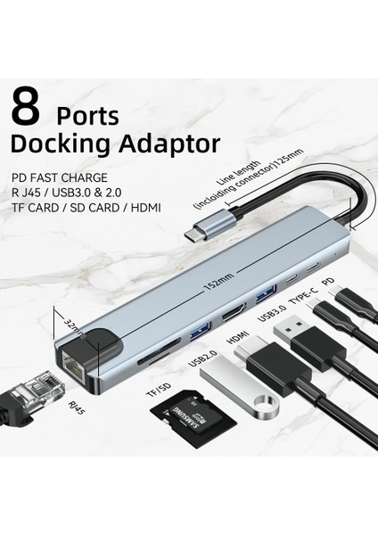 4K HDMI 100W Pd ile USB C Hub USB C Bağlantı Noktası USB 3.0 RJ45 Ethernet Sd/tf Kart Okuyucu Bağlantı Istasyonu 4/5/6/8 Bağlantı Noktaları USB C Adaptörü (Yurt Dışından)