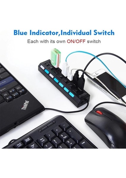 USB 2.0 Hub 7 Bağlantı Noktalı Çok Bağlantı Noktalı USB A 7in1 Veri Ayırıcı Bağımsız Açma/kapama Anahtarı ile LED Işıkları Dizüstü Pc Bilgisayar Mobil (Yurt Dışından) fiyatları