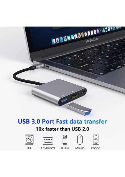 3'ü 1 Arada USB C Hub, 4K USB 3.0 Tip-C'den HDMI Uyumlu Hub Adaptörüne MacBook Pro Huawei Için Çok Bağlantı Noktalı Pd Şarj Istasyonu (Yurt Dışından)