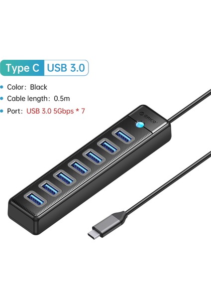 Orıco USB 3.0 Hub 7 Port Splitter Yüksek Hızlı Iletim Tipi C Hub Dizüstü Genişleme Bilgisayar Bilgisayar Aksesuarları (Yurt Dışından)