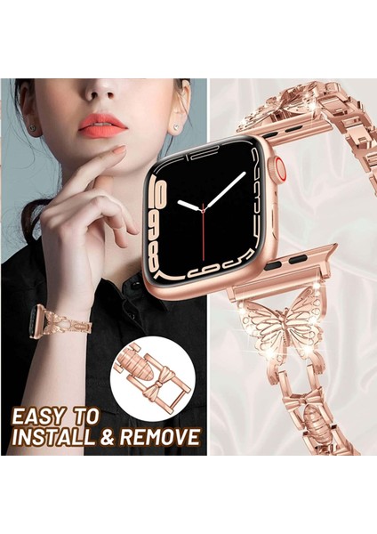 Apple Watch 38/40/41MM Kelebek Elmas Metal Kayış, Apple Watch Serisi 8/7/6/5/4/3/2/1/se Saat Kayışı (Yurt Dışından)