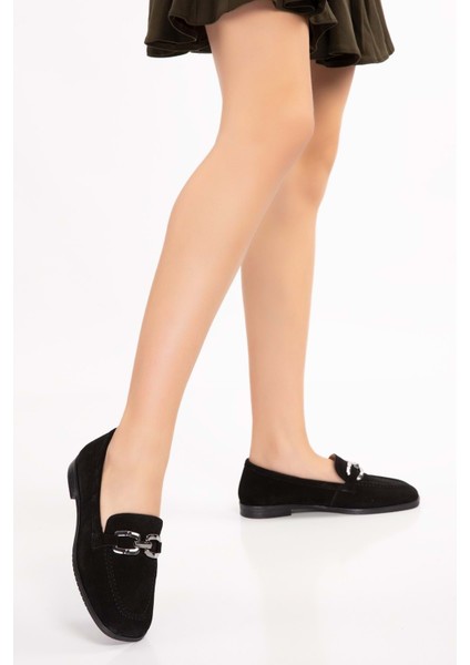 Hakiki Deri Kadın Köşeli Burun Loafer ESL.B06 - Siyah Süet - 37 fiyatları