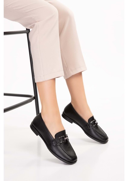 Hakiki Deri Kadın Köşeli Burun Loafer ESL.B06 - Siyah - 40