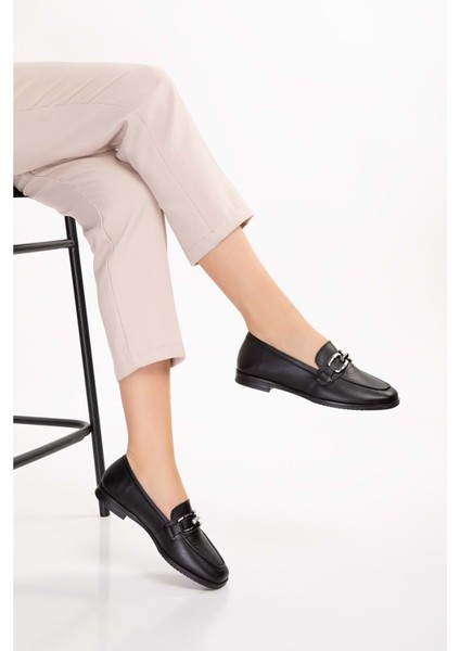 Hakiki Deri Kadın Köşeli Burun Loafer ESL.B06 - Siyah - 40