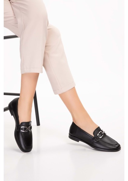 Hakiki Deri Kadın Köşeli Burun Loafer ESL.B06 - Siyah - 40