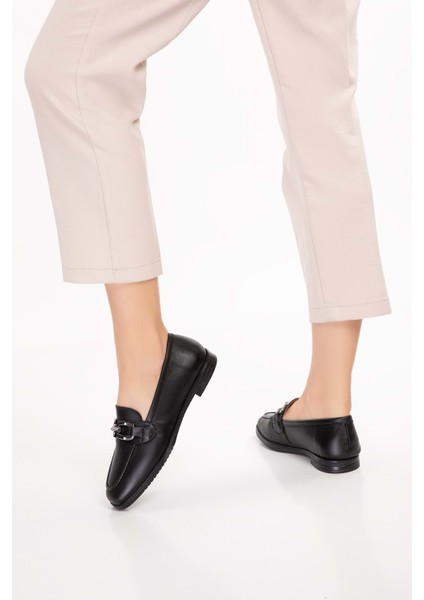 Hakiki Deri Kadın Köşeli Burun Loafer ESL.B06 - Siyah - 40