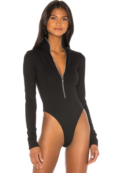 Kadın Siyah Fermurarlı Jarse Bodysuit