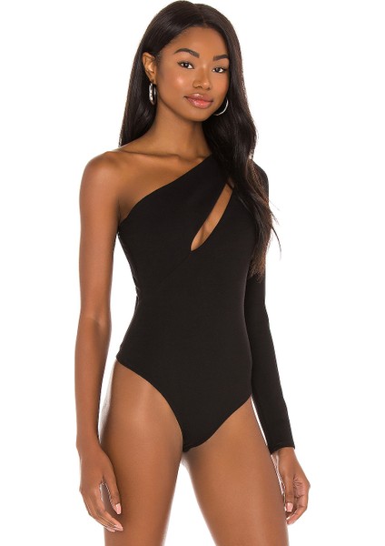 Kadın Siyah Asimetrik Kesim Jarse Bodysuit