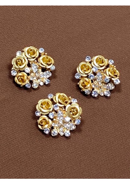 Taşlı Düğme Gül Model tasarım Düğme 3'Lü Set Gold