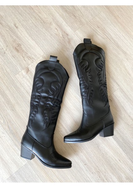 Kadın Rendon Kovboy Çizme - Düz Siyah