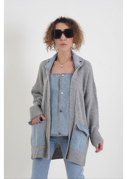 Gri Denim Detaylı Hırka