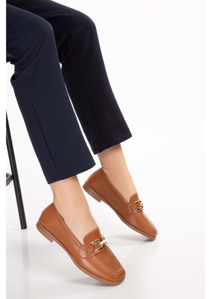 Hakiki Deri Kadın Köşeli Burun Loafer ESL.B06 - Taba - 38