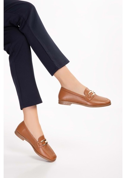 Hakiki Deri Kadın Köşeli Burun Loafer ESL.B06 - Taba - 38 fiyatları
