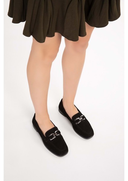 Hakiki Deri Kadın Köşeli Burun Loafer ESL.B06 - Siyah Süet - 38