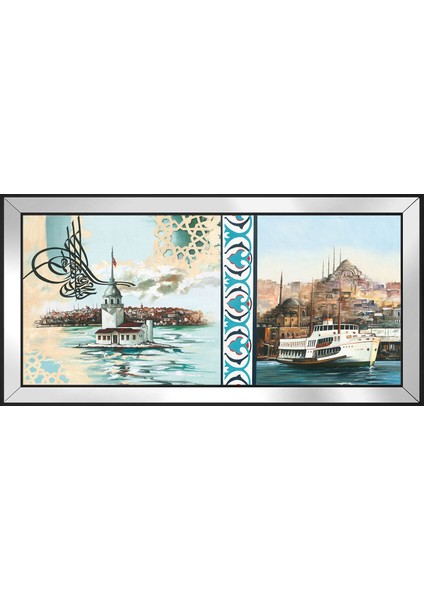 Tuğra Kız Kulesi ve Istanbul Boğaz Vapuru Motifli Kanvas Tablo