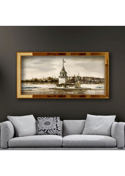 Tuğra ve Kız Kulesi Aynalı Çerçeveli Duvar Sanatı Kanvas Tablo 70X130 cm