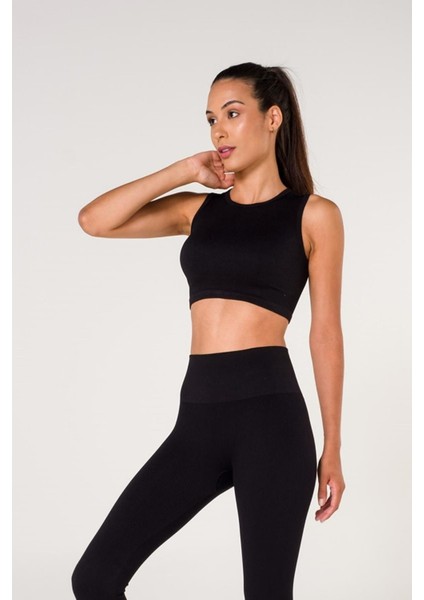 New Season Fitilli Crop Top Büstiyer Seamless Spor Sütyeni Siyah