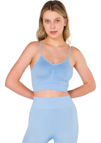 New Season Büzgülü Ince Askılı Dikişsiz Seamless Crop Top Büstiyer Mavi