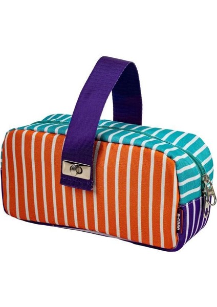 Kilitli Çok Amaçlı Çanta - Çizgili Model Kalem Kutusu / Makyaj Çantası Turuncu-Mor-Nane Yeşili