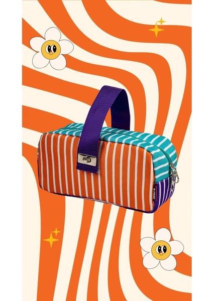 Kilitli Çok Amaçlı Çanta - Çizgili Model Kalem Kutusu / Makyaj Çantası Turuncu-Mor-Nane Yeşili fırsatları