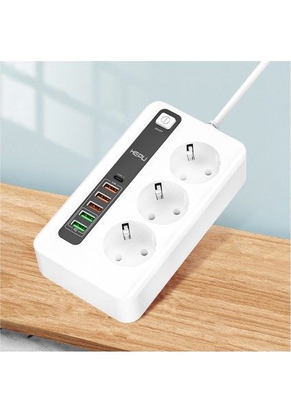 6x USB 3'lü Type-C Girişli 2 mt Kablolu Akım Korumalı Priz 10A-3000W