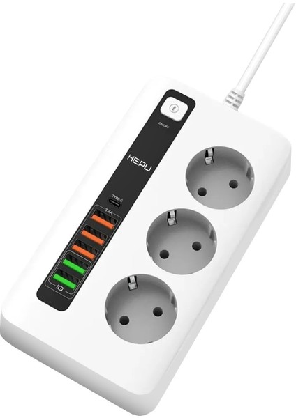 6x USB 3'lü Type-C Girişli 2 mt Kablolu Akım Korumalı Priz 10A-3000W