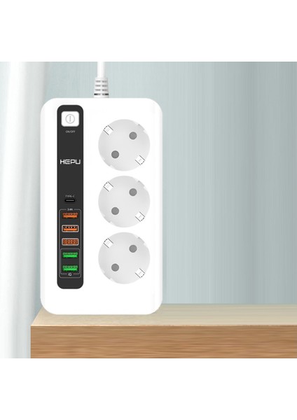 6x USB 3'lü Type-C Girişli 2 mt Kablolu Akım Korumalı Priz 10A-3000W