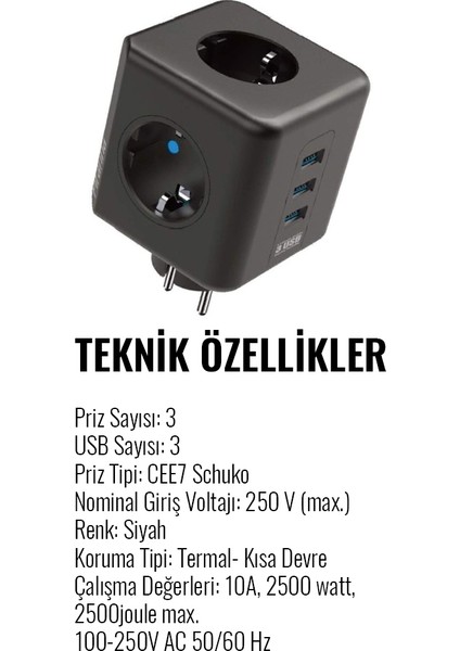 Çoklu Priz Kablosuz Akım Korumalı Isıya Dayanıklı Çocuk Korumalı 3x USB 3.0 3x Fiş 10A 2500W