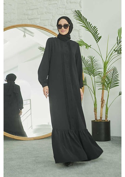 6629-NERVÜRLÜ Elbise Siyah