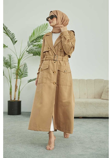 6625-KUŞAKLI Trençkot Koyu Bej
