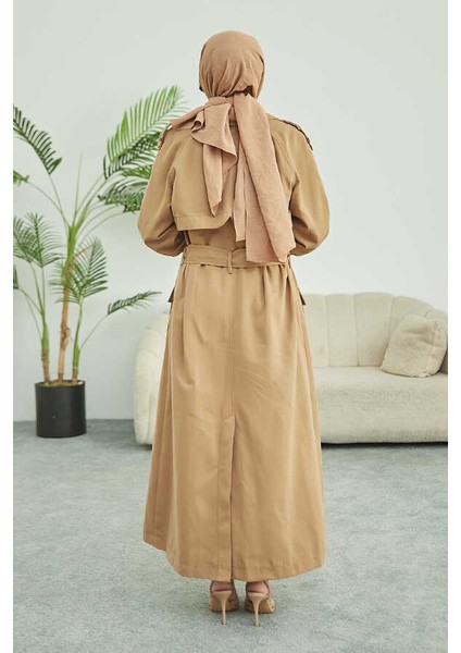 6625-KUŞAKLI Trençkot Koyu Bej modelleri