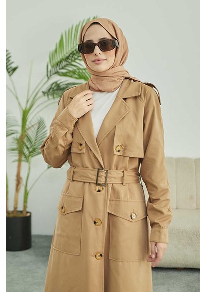 6625-KUŞAKLI Trençkot Koyu Bej indirimleri