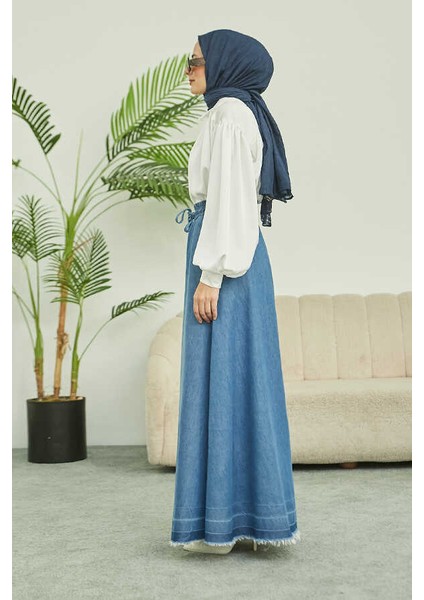 2215-DENIM Mevlana Düğmeli Etek Mavi