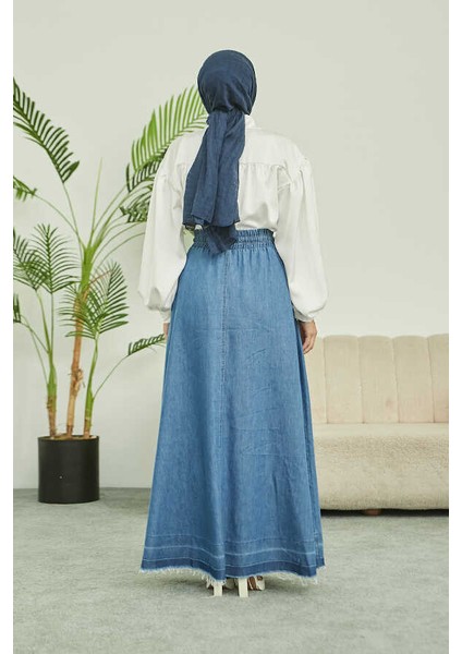 2215-DENIM Mevlana Düğmeli Etek Mavi fırsatları