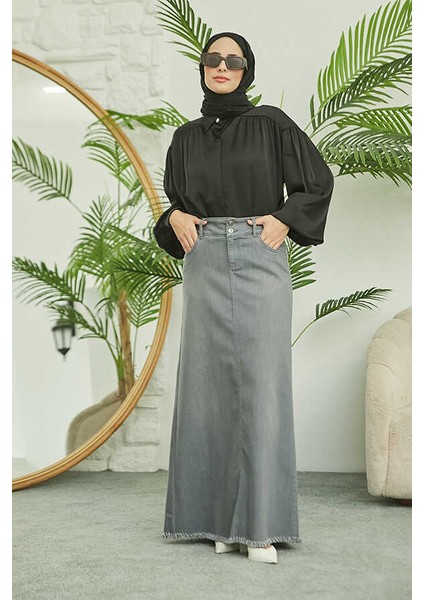 2252-DENIM Püsküllü Etek Gri