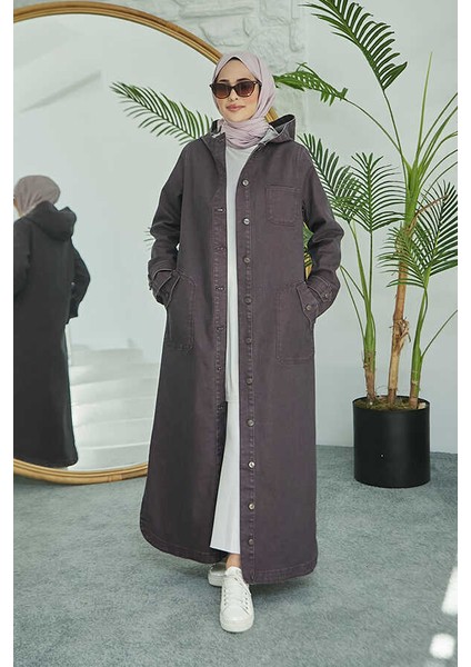 6329-DENIM Kapşonlu Kap Bordo