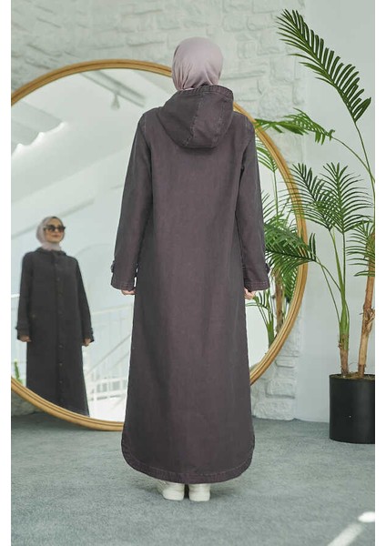 6329-DENIM Kapşonlu Kap Bordo fiyatları