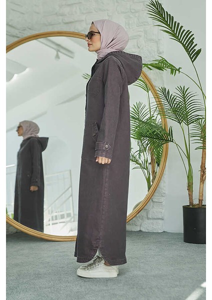 6329-DENIM Kapşonlu Kap Bordo modelleri