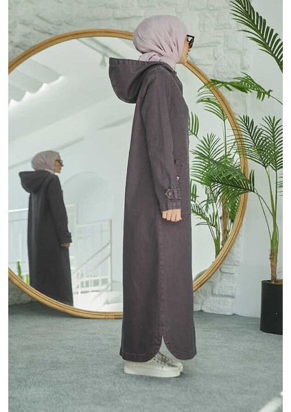 6329-DENIM Kapşonlu Kap Bordo fırsatları