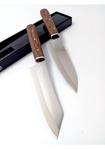 El Yapımı Wenge Saplı Paslanmaz Çelikten Şef Bıçağı Kutulu 2'li 31 cm
