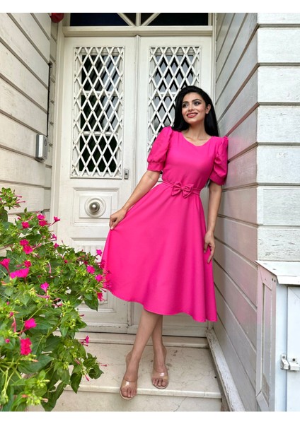 Fuşya Rengi Kloş Model Karpuz Kol Krep Elbise fırsatları