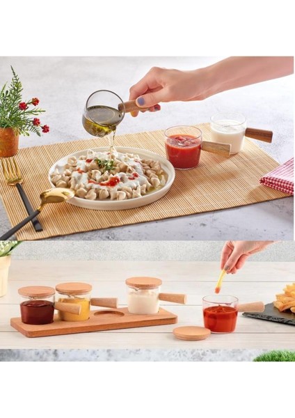 Ahşap Stantlı Ahşap Kapaklı Mika Sosluk Sunum Seti 4'lü