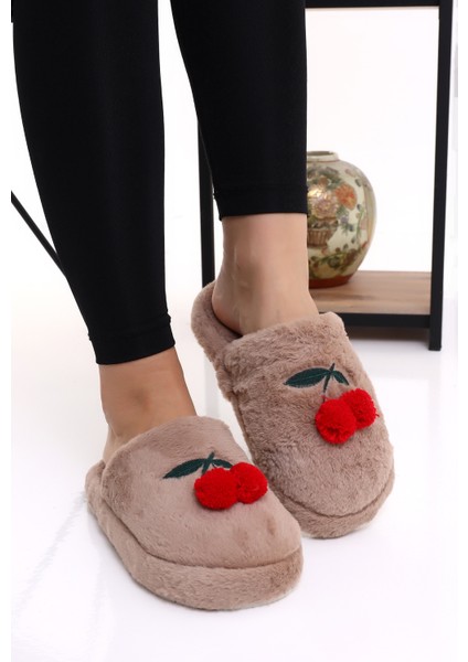 Peluş KZ28 Kiraz Desenli Kışlık Kadın Peluş Ev Terliği