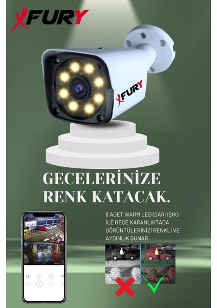 FURY 5mp 3.6mm Lensli 1080p 2mp Full Color Görüntü 8 Warm Led Gece Görüşlü Full Hd Güvenlik Kamerası