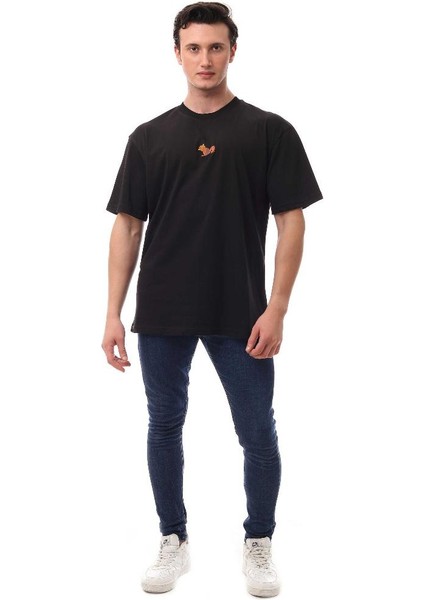 Sincap Nakışlı Relaxed Oversize Basic Erkek T-Shirt Siyah 6001