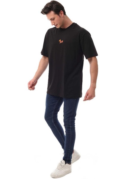 Sincap Nakışlı Relaxed Oversize Basic Erkek T-Shirt Siyah 6001