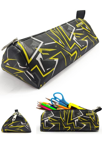 Kalem Kutusu Kamuflaj Siyah Üçgen Kalemkutu Jumbo Vegan Deri Kalemlik